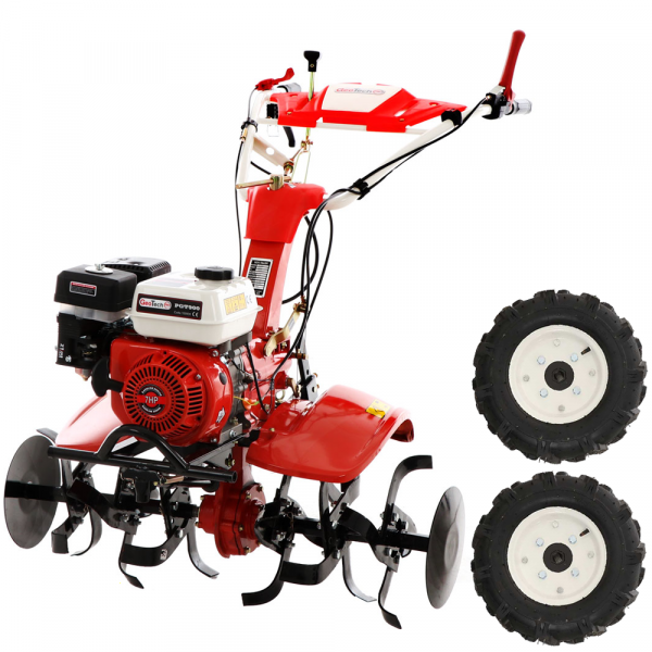 Motobineuse GeoTech PGT 900, moteur à essence 7 CV avec roues pneumatiques