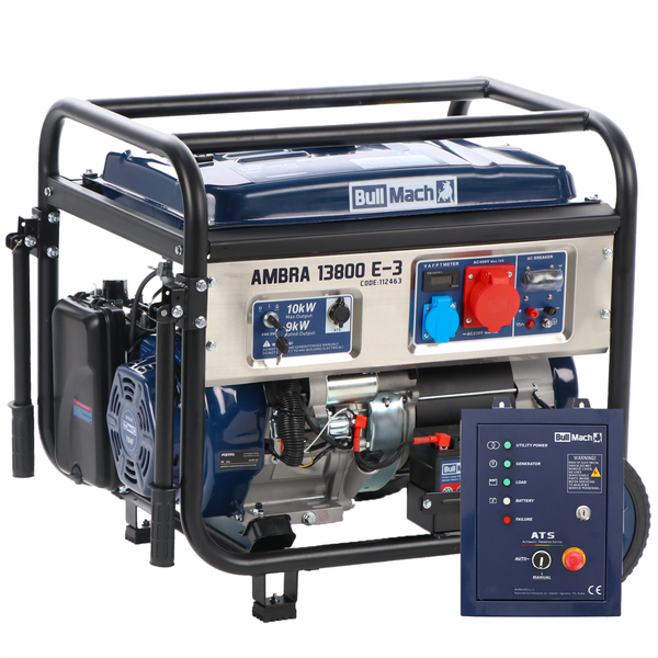 BullMach AMBRA 13800 E-3 - Groupe électrogène sur chariot à essence avec AVR 10 kW - Continu 9 kW Triphasé + ATS