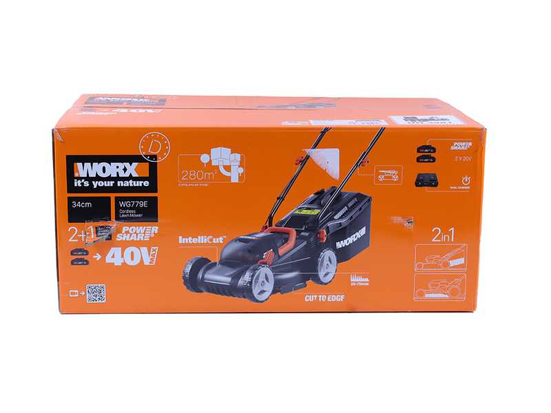 Worx WG779E - Tondeuse &agrave; gazon &agrave; batterie - 2x20V/2,5Ah - Coupe 34 cm