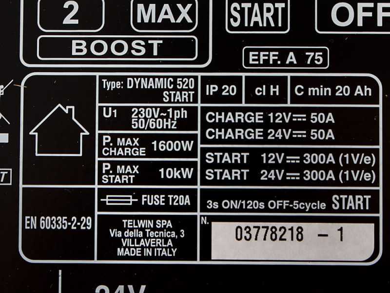 Chargeur de batterie et d&eacute;marreur Telwin Dynamic 520 Start - batteries WET/START-STOP 12/24V