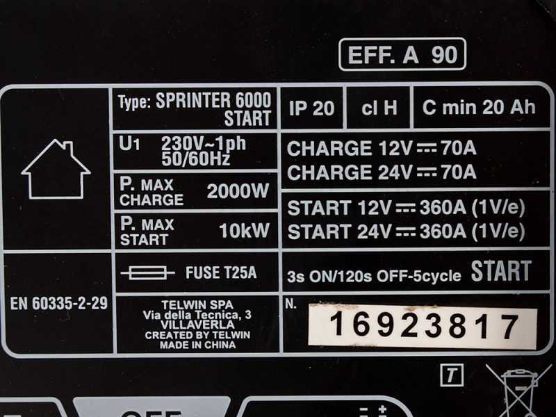 Chargeur de batterie et d&eacute;marreur Telwin Sprinter 6000 Start - batteries 12/24V, 20 &agrave; 1550 Ah