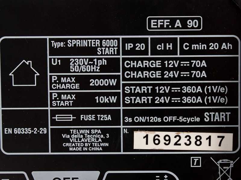 Telwin Sprinter 6000 Start - Chargeur de voiture et d&eacute;marreur - batteries 12/24V, 20 &agrave; 1550Ah