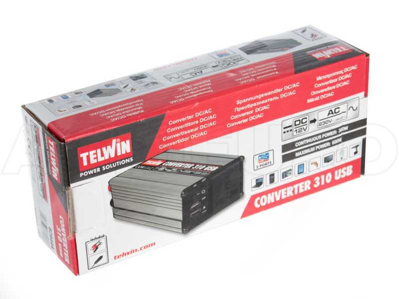 Telwin Converter 310 - Convertisseur &agrave; onduleur USB de courant de 12V CC &agrave; 230V CA - 2 ports USB - 300w