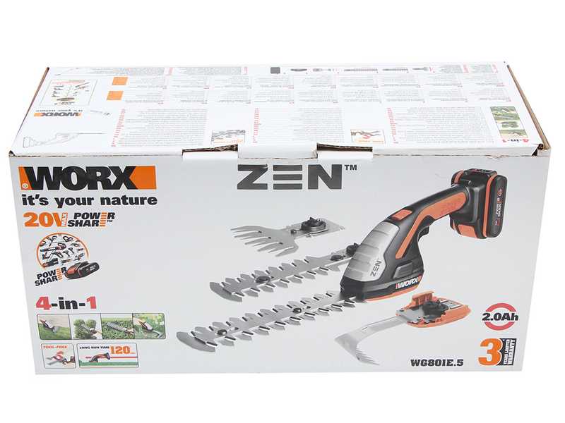 Worx WG801E - Cisaille &agrave; gazon &agrave; batterie 4 en 1- Sculpte-haie - 20V - 2Ah