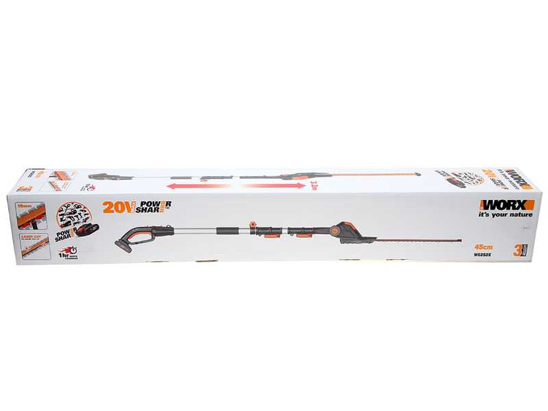 Taille-haie &eacute;lectrique &agrave; batterie Worx WG252E sur perche de rallonge - Batterie 20V - lame 45 cm en acier