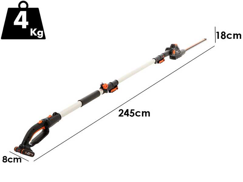 Taille-haie &eacute;lectrique &agrave; batterie Worx WG252E sur perche de rallonge - Batterie 20V - lame 45 cm en acier