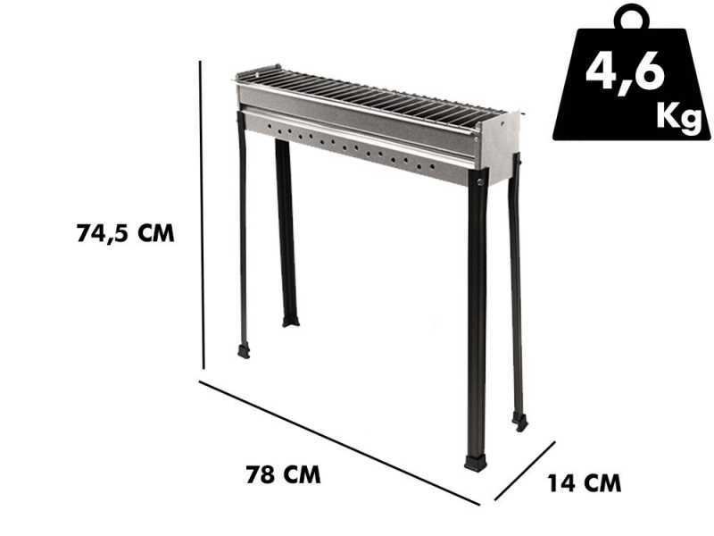 Barbecue &agrave; charbon sp&eacute;cial brochettes en acier inox - Zone de cuisson 80x15 cm
