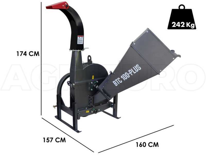 Häcksler von Äste Blackstone BTC 100-MEHR mit transmission pro courroie, trémie large und rotor zu 4 Klingen, ideal für broyer der Pflanzen bis'zu 100 mm von Durchmesser, fixé auf ein Traktor