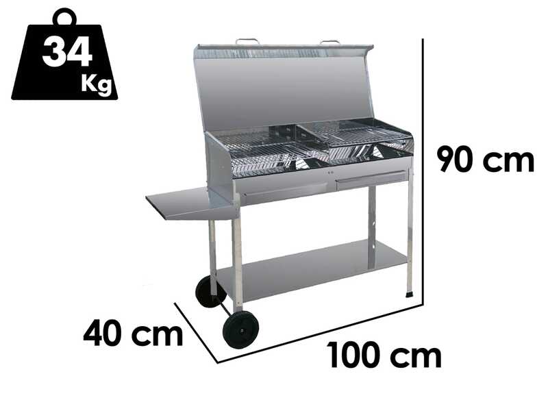 Mille Achille Big - Barbecue &agrave; charbon en acier inox artisanal - 2x 47,5x37&nbsp;cm