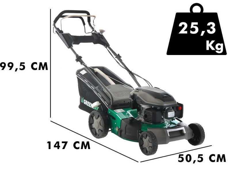 Tondeuse &agrave; gazon tract&eacute;e GreenBay GB-LM 46 S - 4 en 1 - Moteur thermique de 170cm3