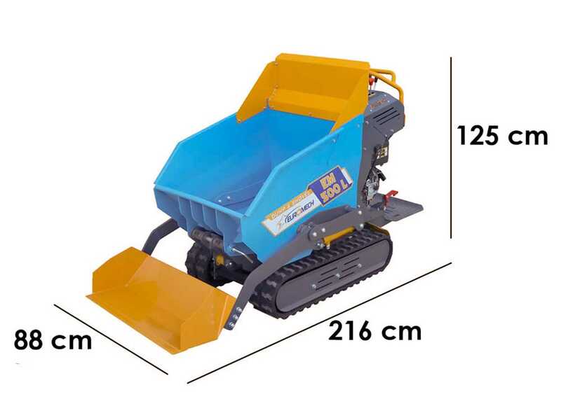 EuroMech EM500L-Dump &amp; Shovel - Brouette &agrave; chenilles hydraulique 500 kg avec benne dumper et godet frontal - Transmission hydrostatique