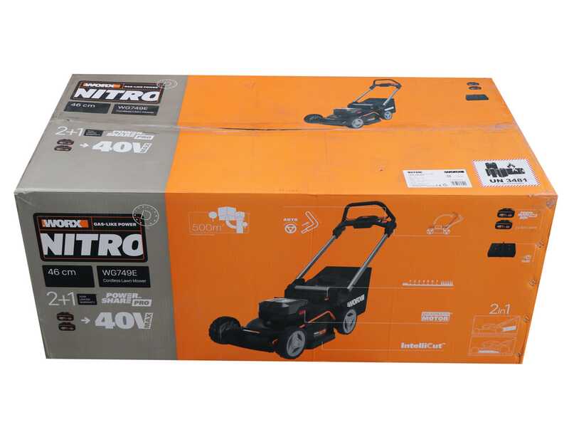 Tondeuse tract&eacute;e &agrave; batterie WORX NITRO WG749E - 40V / 4Ah - coupe de 46 cm