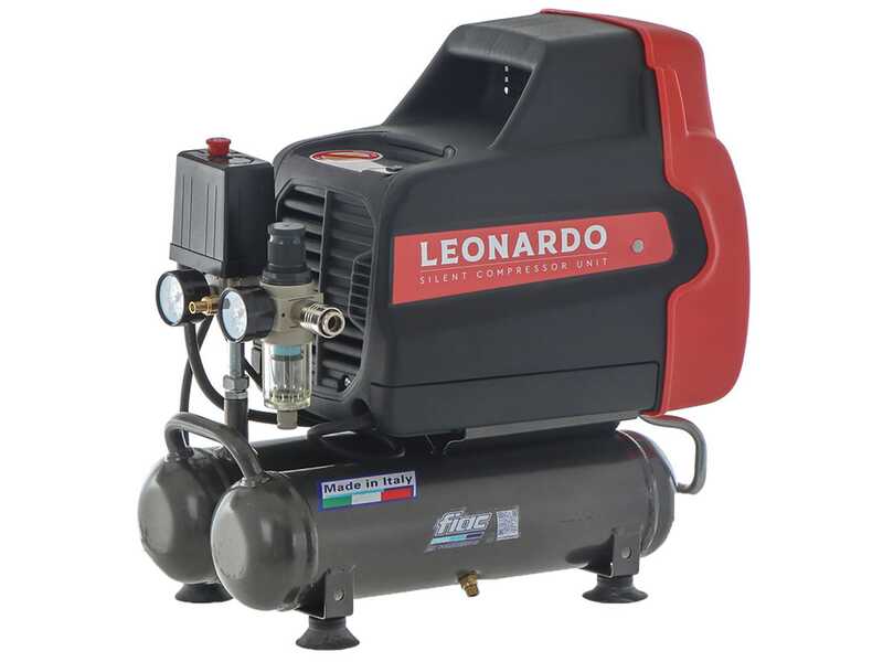 Fiac Leonardo - Compresseur d'air &eacute;lectrique portatif monophas&eacute; silencieux, oil-less - Moteur 1 CV - 6 L