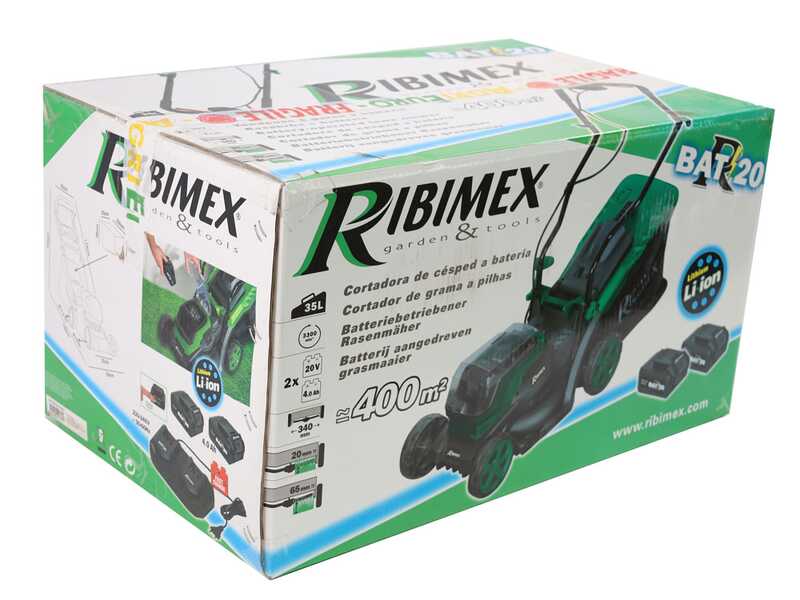 Tondeuse &agrave; pouss&eacute;e &agrave; batterie RIBIMEX PRBAT20-TON33 - Batterie de 2x20V 4Ah - Largeur de coupe 34 cm