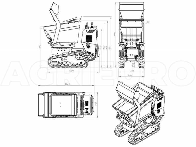 Brouette &agrave; moteur sur chenilles AgriEuro Top-Line RAPTOR 7800 HEDT 4.0 - Honda GXe390 - Avec pelle + b&eacute;tonni&egrave;re