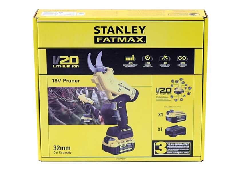 S&eacute;cateur &eacute;lectrique de taille Stanley SFMCPP32M1-QW - Batterie de 20V/4Ah - Diam&egrave;tre de coupe 32 mm