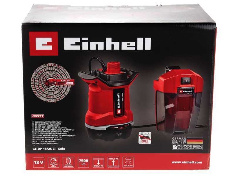 Pompe d'&eacute;vacuation pour eaux charg&eacute;es Einhell  GE-DP 18/25 li - 18V 2,5 Ah et chargeur de batterie