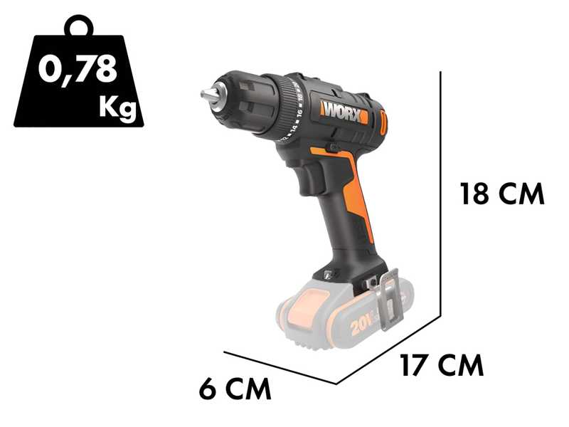 Worx WX100.9 - Perceuse Visseuse &agrave; batterie 20V - SANS BATTERIE ET SANS CHARGEUR