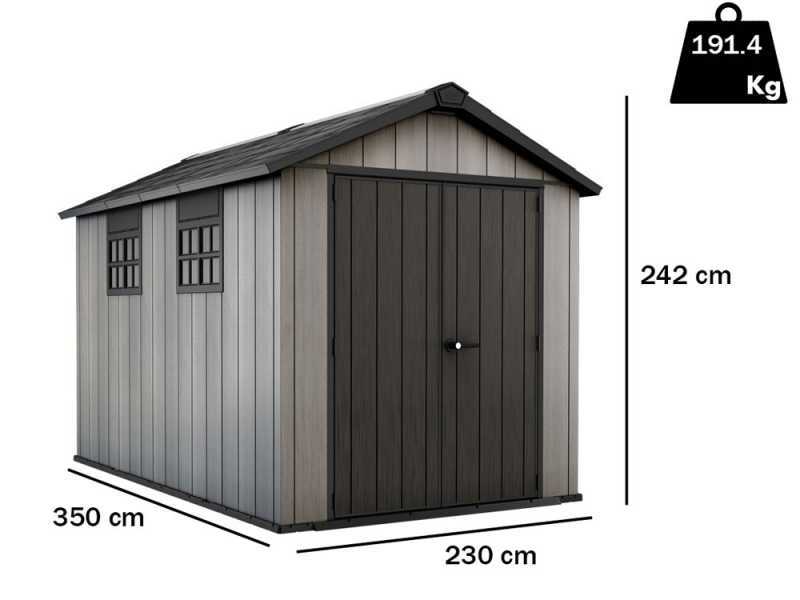 Keter Oakland 7511 - Abri de jardin - Avec porte &agrave; double battant et fen&ecirc;tres - 230x350x242 cm