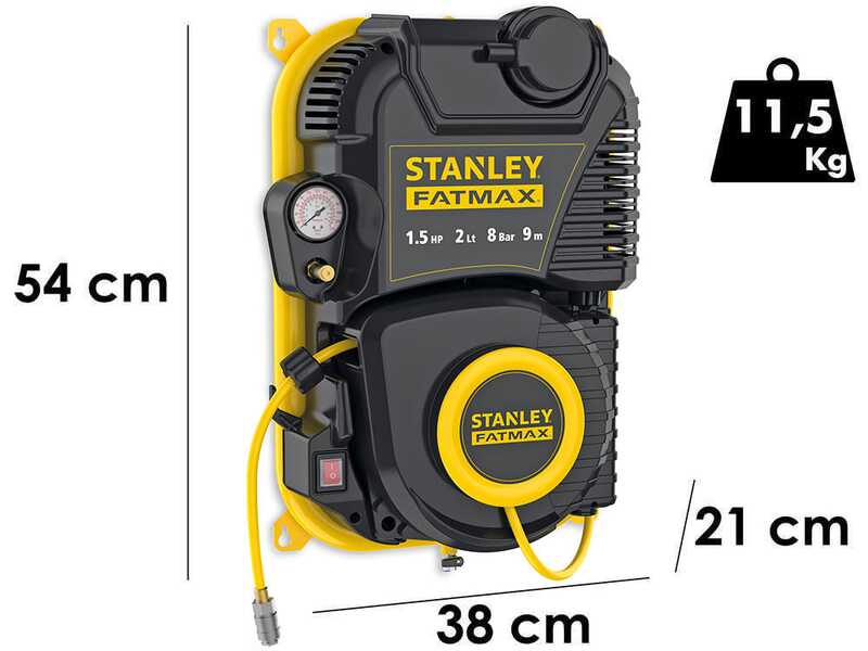 Stanley Wall Tech Pro - Compresseur d'air &eacute;lectrique monophas&eacute; mural, oil-less - Moteur 1.5 CV - 2 L