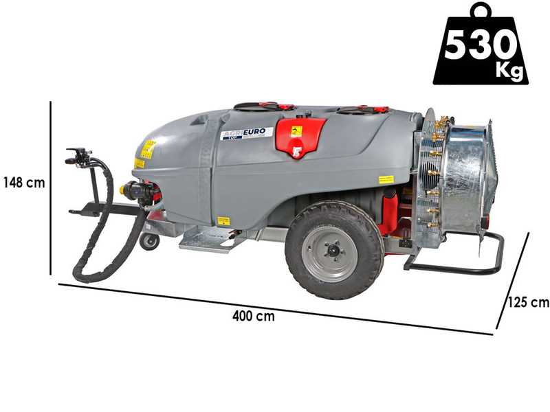 Atomiseur tra&icirc;n&eacute; Gray T Car 1500/80 avec attelage pour tracteur pour pulv&eacute;risation - Capacit&eacute; 1500L - Pompe AR1064