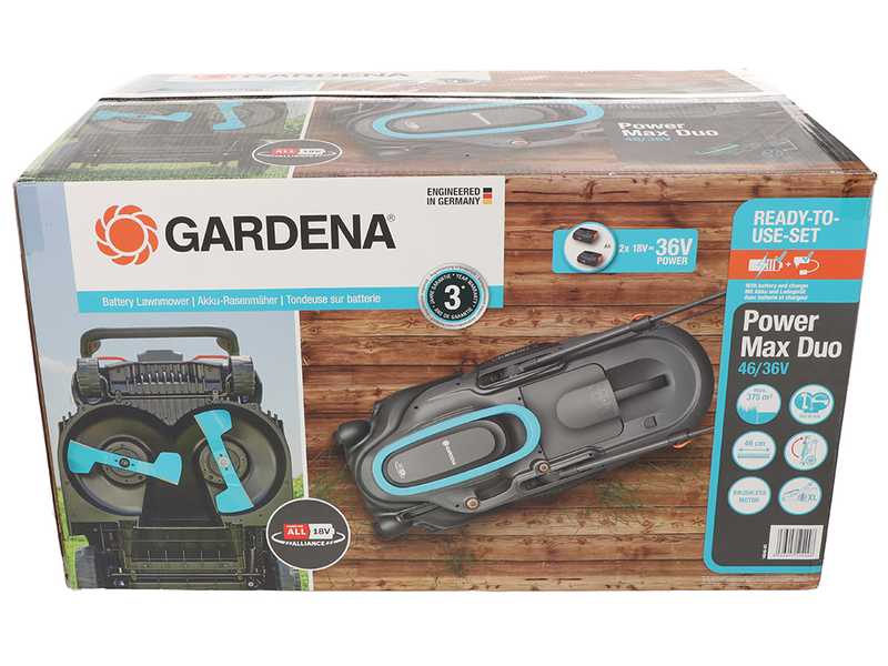 Gardena PowerMax Duo 46/36V P4A - Tondeuse &agrave; gazon &agrave; batterie - 2x18V 2.5Ah - Hauteur de coupe 46 cm