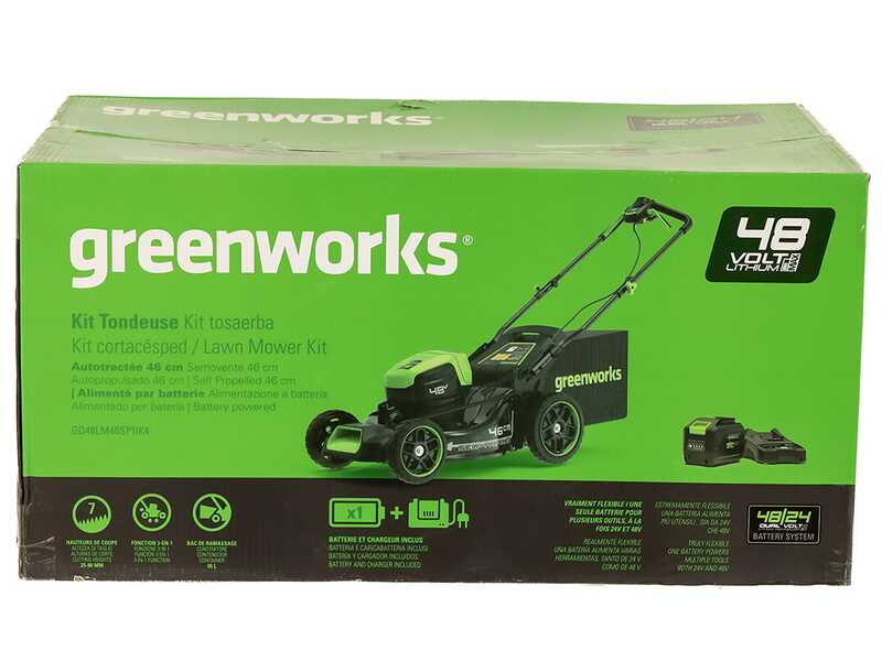 Greenworks GD48LM46SPIIK4 - Tondeuse &agrave; gazon automotrice &agrave; batterie - 48V/4Ah - Coupe 46 cm