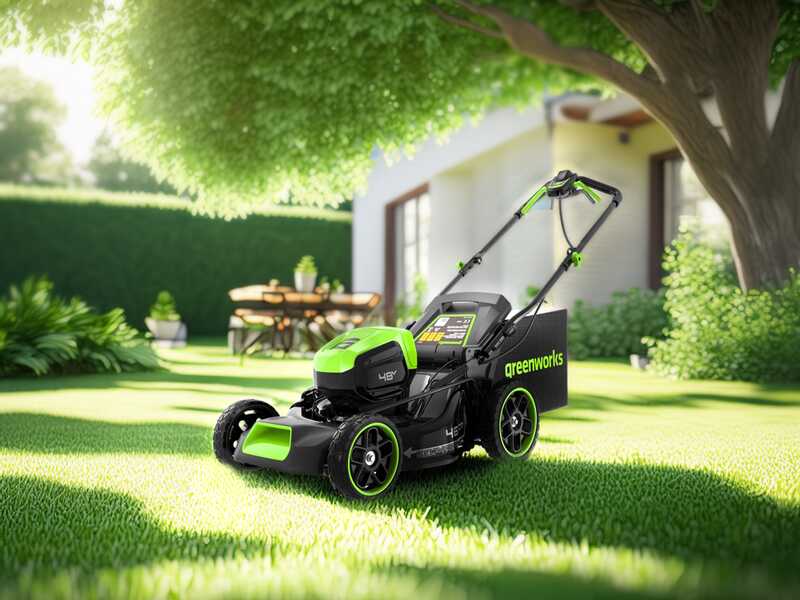 Greenworks GD48LM46SPIIK4 - Tondeuse &agrave; gazon automotrice &agrave; batterie - 48V/4Ah - Coupe 46 cm