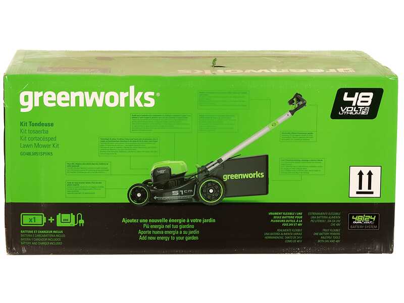 Greenworks GD48LM51SPIIK5 - Tondeuse &agrave; gazon automotrice &agrave; batterie - 48V/5Ah - Coupe 51 cm