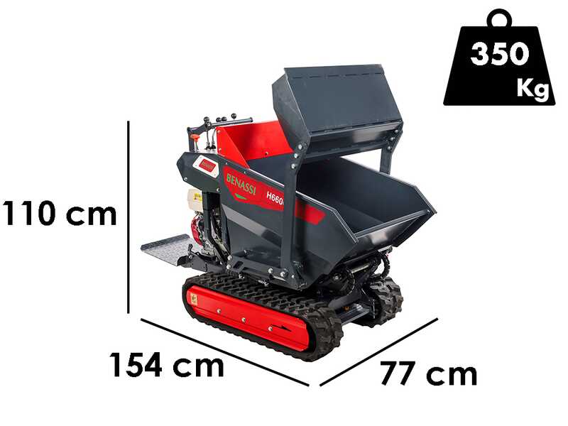 Benassi H660CS - Brouette &agrave; moteur sur chenilles - Benne dumper hydraulique avec pelle - Capacit&eacute; charge 600 Kg - Transmission hydrostatique