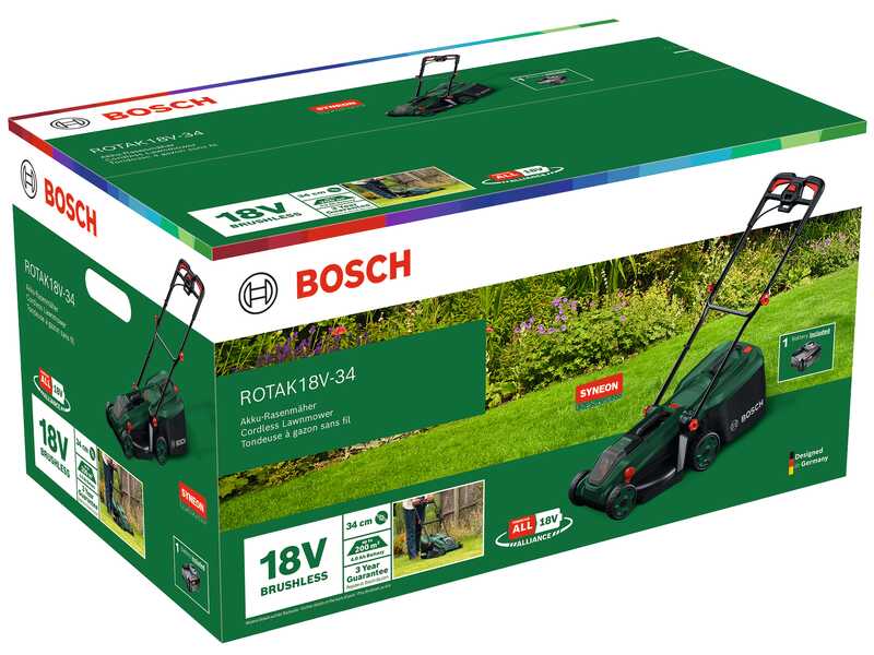 Bosch Rotak18V-34 - Tondeuse &agrave; gazon &agrave; batterie - 18 V/4 Ah - Largeur de coupe 34 cm