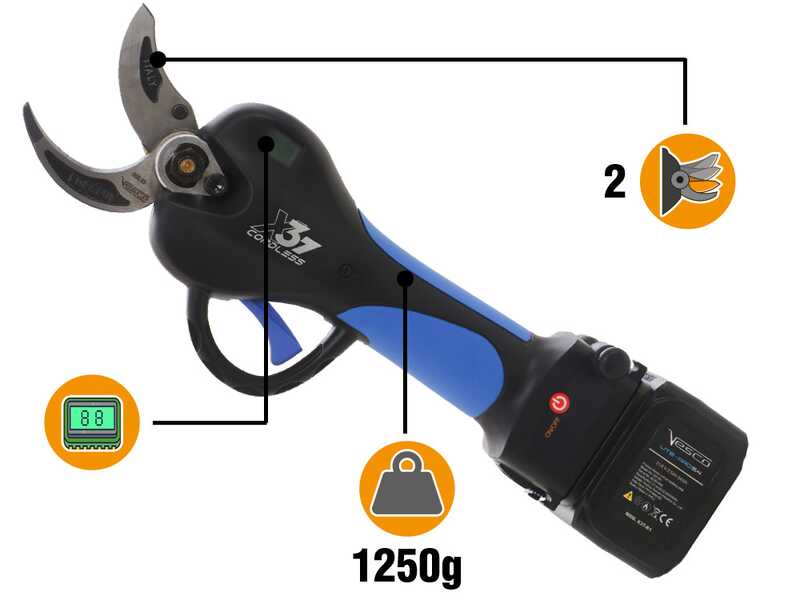 VESCO X37 - S&eacute;cateur &eacute;lectrique &agrave; batterie + perche t&eacute;lescopique 150-230 cm - 2x 21,6 V 2,5 Ah