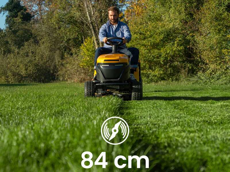 Stiga Estate 384e - Kit Tracteur tondeuse avec 2 modules de batterie ePower Pro de 56V/40Ah - Bac de ramassage et mulching
