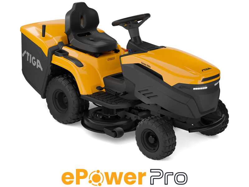 Stiga Estate 384e - Kit Tracteur tondeuse avec 2 modules de batterie ePower Pro de 56V/40Ah - Bac de ramassage et mulching