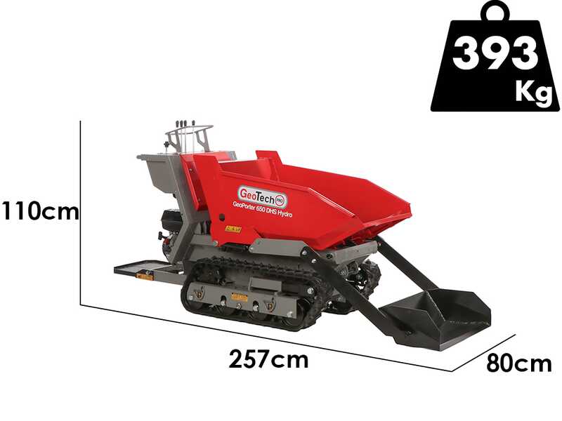 GeoTech-Pro GeoPorter 650 DHS Hydro - Brouette motoris&eacute;e &agrave; chenilles avec benne dumper 650 kg et pelle