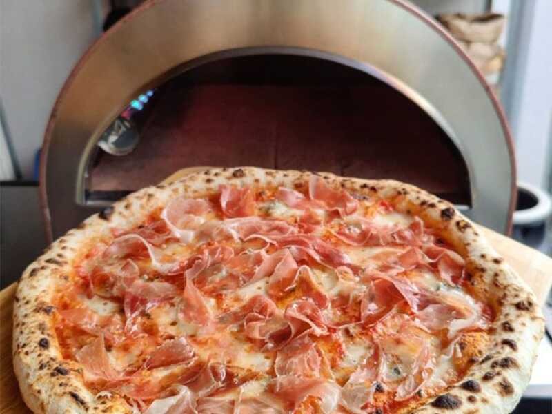 Pizza Party Ardore Acquamarina - Four &agrave; pizza &agrave; gaz d'ext&eacute;rieur - Chambre de cuisson 40 x 40 cm - Sole en biscotto r&eacute;fractaire