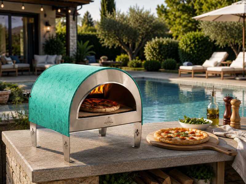 Pizza Party Ardore Acquamarina - Four &agrave; pizza &agrave; gaz d'ext&eacute;rieur - Chambre de cuisson 40 x 40 cm - Sole en biscotto r&eacute;fractaire
