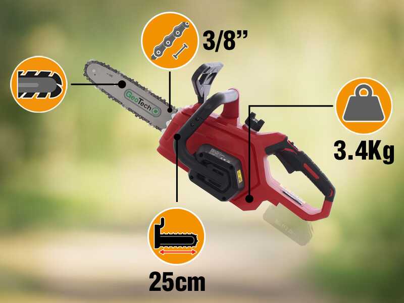 GeoTech X-Line CS-20V - Tron&ccedil;onneuse &agrave; batterie 20 V - Guide de 25 cm - SANS BATTERIE NI CHARGEUR