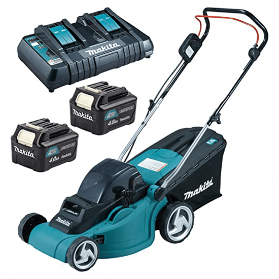 Tondeuse &agrave; gazon &eacute;lectrique avec batterie 2 X 4 Ah Makita DLM380PM2 - tondeuse 2 en 1 - 38 cm