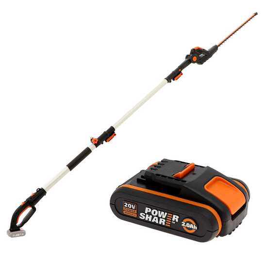Taille-haie &eacute;lectrique &agrave; batterie Worx WG252E sur perche de rallonge - Batterie 20V - lame 45 cm en acier