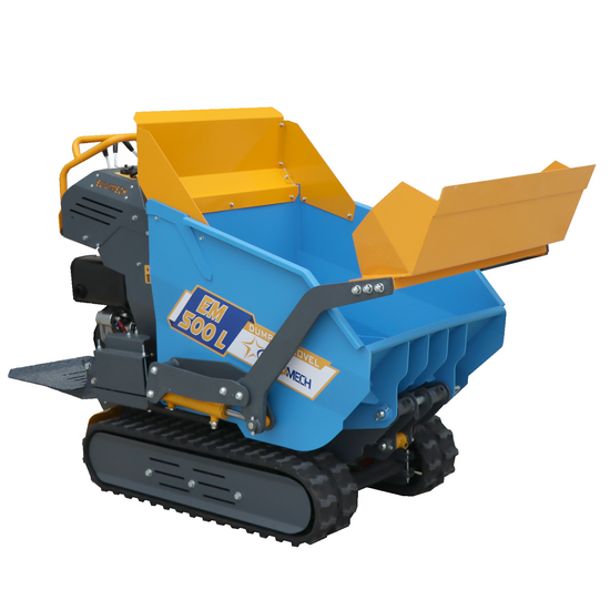 EuroMech EM500L-Dump & Shovel - Brouette à chenilles hydraulique 500 kg avec benne dumper et godet frontal - Transmission hydrostatique