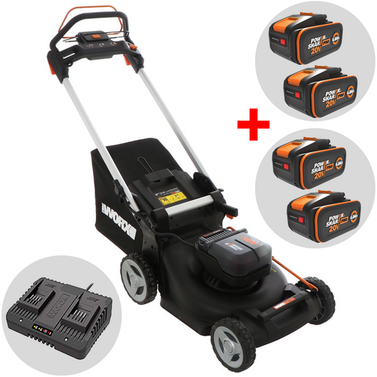 Worx Nitro WG749E - Tondeuse &agrave; gazon tract&eacute;e &agrave; batterie 2x20V/4Ah + 2 batteries 20V/4Ah offertes - Largeur de coupe 46 cm