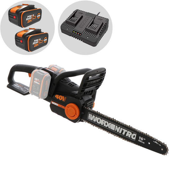 WORX WG385E NITRO - Tron&ccedil;onneuse &agrave; batterie  - 2 x 40V 4Ah - Guide de 40 cm