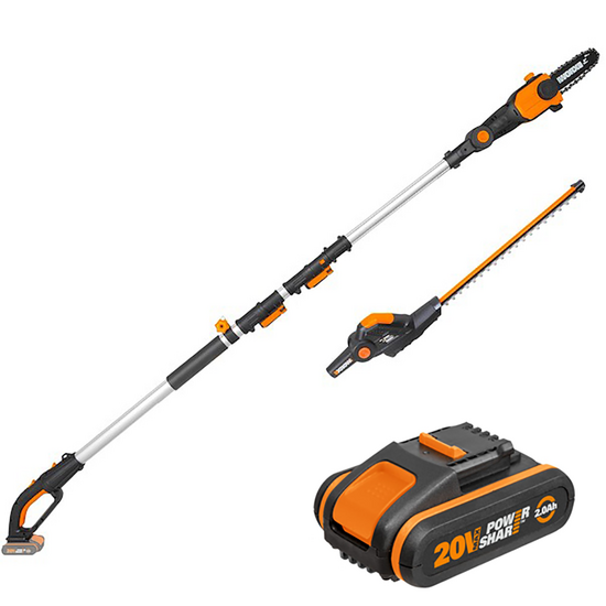 Worx WG908E - &Eacute;lagueuse /Taille-haie multifonction &agrave; batterie sur perche - batterie 20V 2Ah