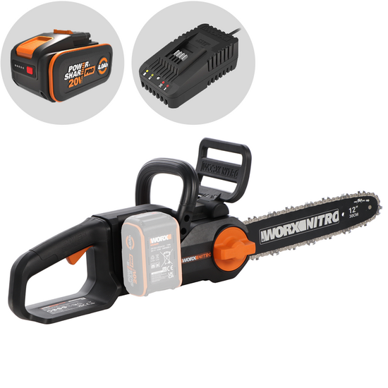 Worx Nitro WG350E - Tronçonneuse à batterie 20V/4Ah - Guide de 30 cm
