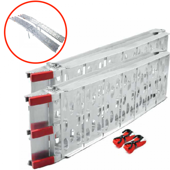 GeoTech ATV-001 - Paire de rampes de chargement pliables en aluminium de 2,26 m - Capacit&eacute; de charge 650 kg - Avec pieds de renfort - Pour tracteurs tondeuses, quads, etc.