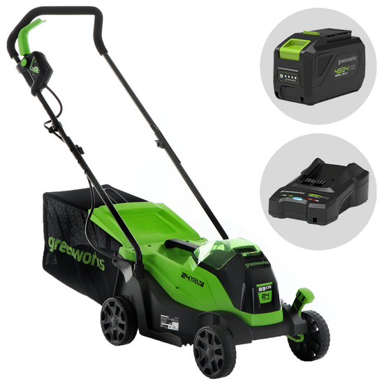 Greenworks GD24LM33 - Tondeuse &agrave; gazon &agrave; batterie - 24 V/8 Ah - Largeur de coupe 33 cm