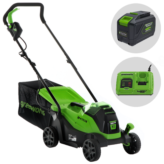 Greenworks GD24LM33 - Tondeuse &agrave; gazon &agrave; batterie - 24 V/10 Ah - Largeur de coupe 33 cm