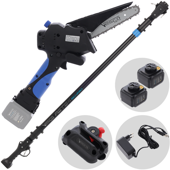 Vesco X150 - Élagueuse manuelle à batterie + perche télescopique 150-230 cm - 2 batteries de 21,6 V 2,5 Ah