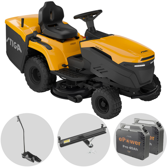 Stiga Estate 384e - Kit Tracteur tondeuse avec 2 modules de batterie ePower Pro de 56V/40Ah - Bac de ramassage et mulching